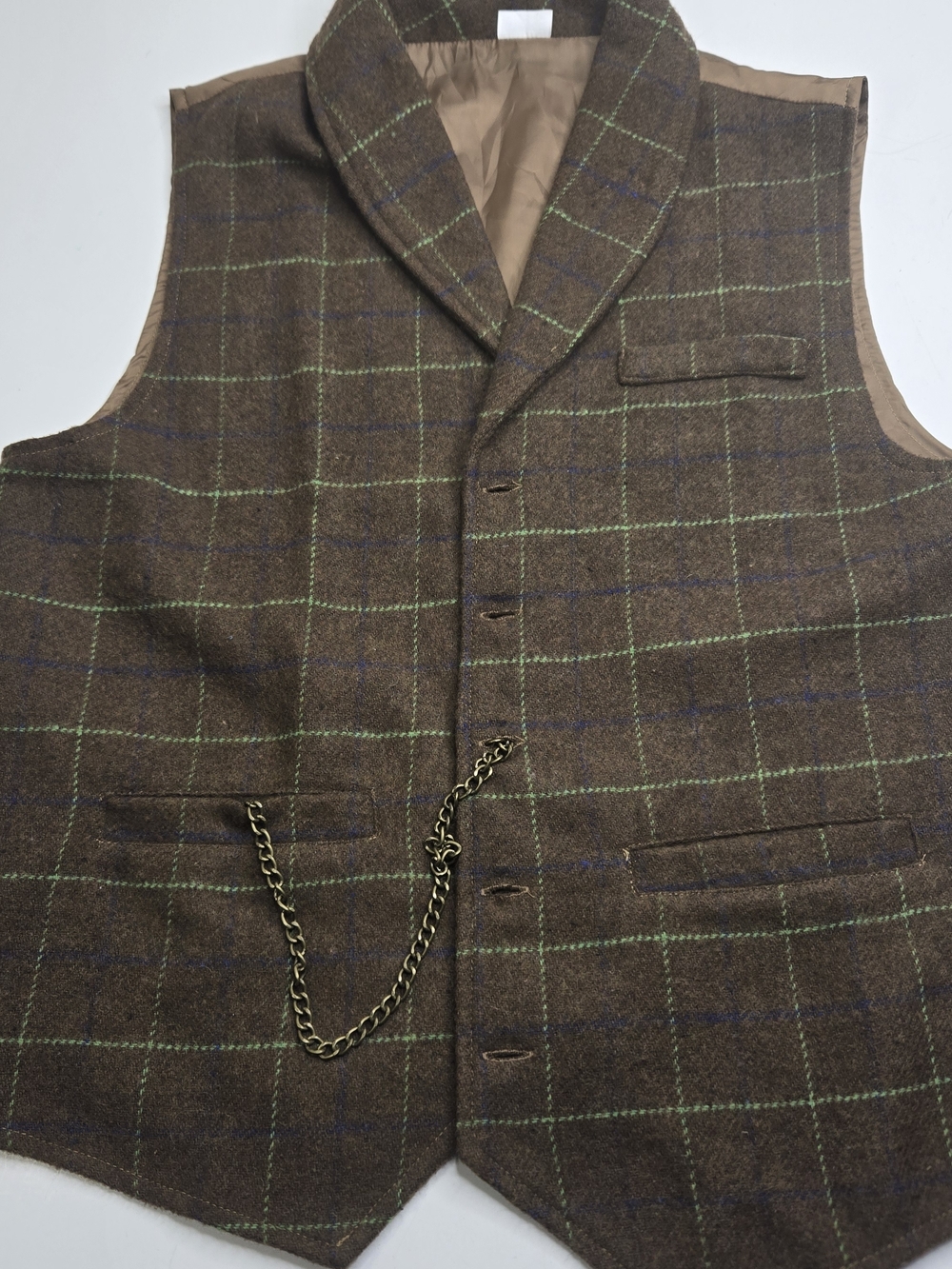 Dandy Style Brown Windowpane Wool Vest with Chain Detail